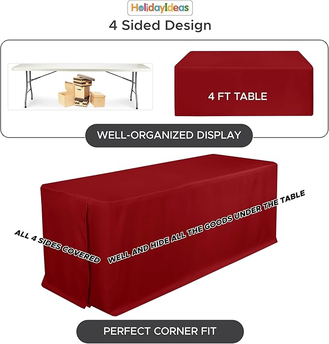 HolidayIdeas 4-Pack Red Fitted Table Cloths for 6 Foot Tables, Water Repellent Rectangle Table Covers for Valentine's Day Decor, Mother's Day, Wedding, Anniversary, and Party Celebration