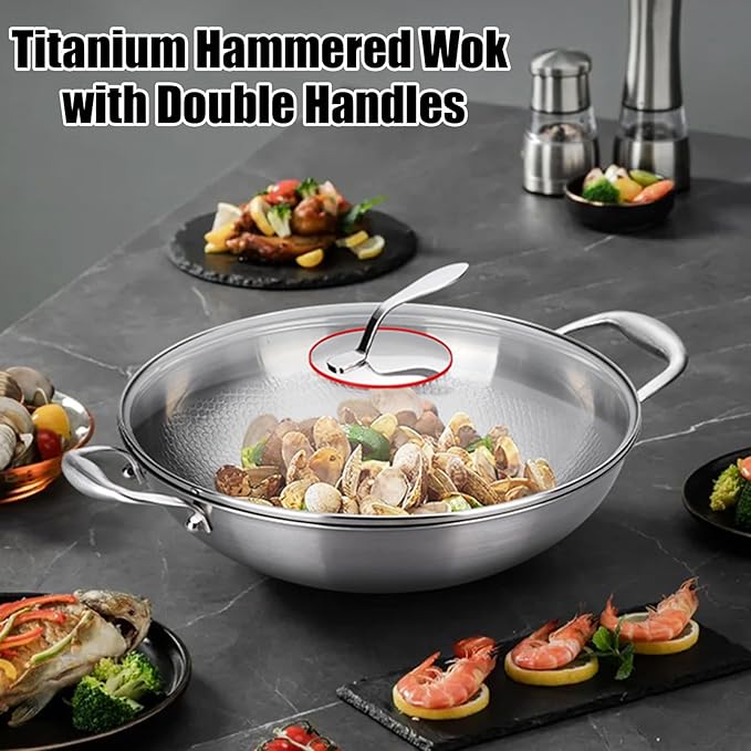 12.6 Inch Titanium Hammered Wok with Double Handles, Frying Pans Nonstick, Non-Stick Wok, Scratch-Resistant Non Stick Titanium Pans for Cooking,with lid 12.6in