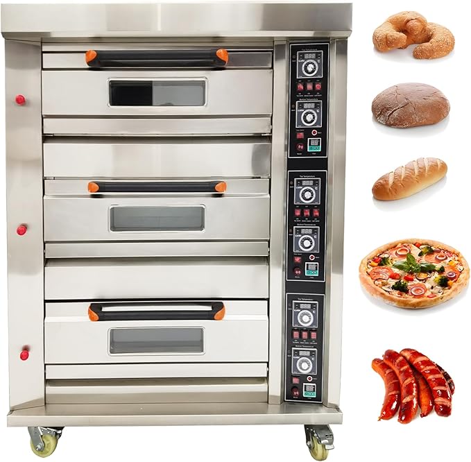 TECHTONGDA Commercial Pizza Oven Gas Heating Triple Deck Pizza Oven Stainless Steel Bread Baking Machine 6 Baking Sheets 110V for Restaurant Kitchen Bakery