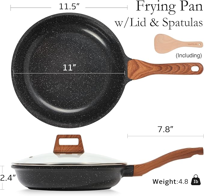 ESLITE LIFE Nonstick Ceramic Frying Pan Skillet with Lid, Non-Toxic Egg Omelette Kitchen Cooking Pans Compatible with All Stovetops (Gas, Electric & Induction), PTFE & PFOA Free (Black, 11" w/Lid)