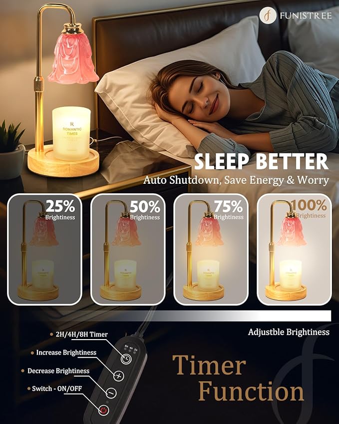 Small Candle Warmer Lamp with Timer, Adjustable Pink Flower Candle Heat Lamp, Unique Women's Gifts for Birthday, Dimmable Candles Heater, Valentines Gifts, Fashion Wax Warming Light with Wood Base