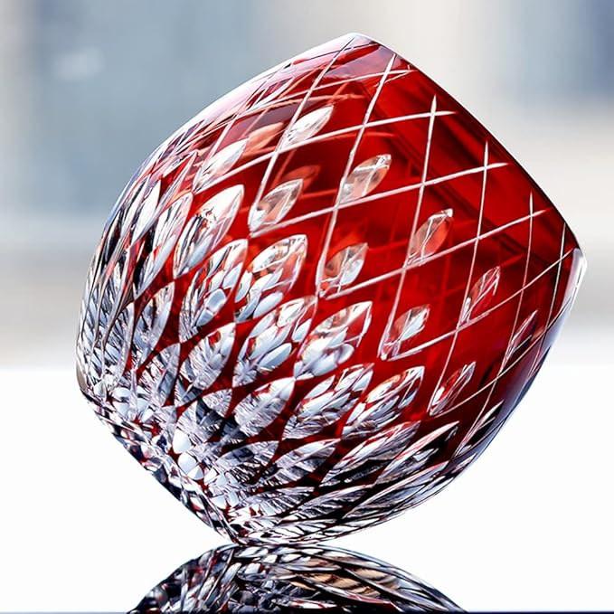 JINZHI Japanese Style EDO Kiriko Whiskey Glasses 11OZ Unique Shape Colored Hand Carved Glass Tumbler for Bourbon Lovers - Style Glassware for Rum - Rocks glasses in Gift Box (Red)