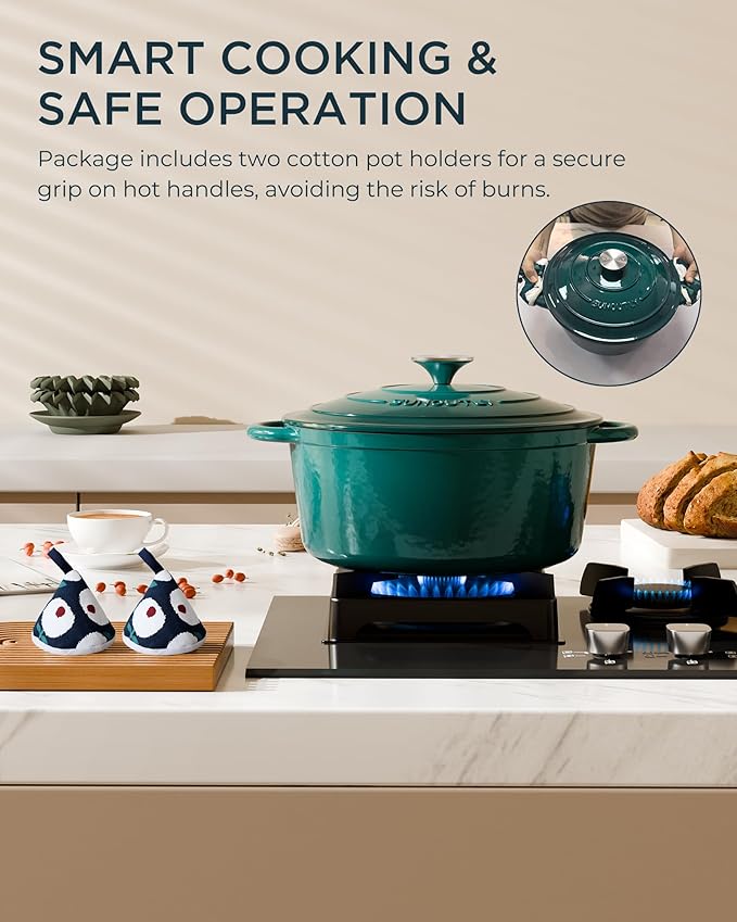 Enameled Cast Iron Dutch Oven - 4.5QT Pot with Lid & Cotton Potholders - Heavy-Duty Cookware for Braising, Stews, Roasting, Bread Baking, Oven Safe up to 500°F & Across All Stovetops, Bottle Green