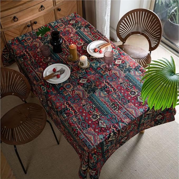 Rectangular Tablecloth Colorful Jacquard Tablecloth Double-Sided Pattern Thick Tablecloth Geometric Bohemian Style Suitable for Restaurant Camping(140 * 300cm)
