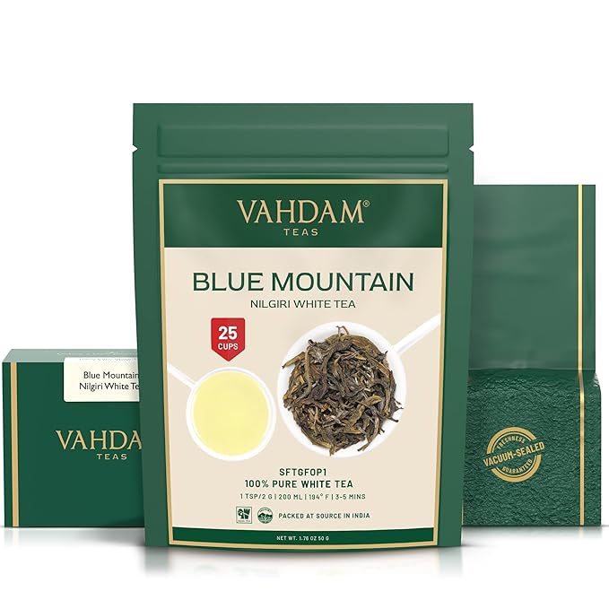 VAHDAM, Exotic White Tea Leaves From The Blue Mountains (25 Cups/1.76oz) 100% Pure White Tea Loose Leaf - Mellow & Delicious | Pure Unblended Loose Leaf Tea | Vacuum Sealed