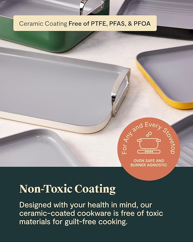 Caraway Square Cookware Set - Square Pans Set - Perfect for Griddling, Toasting, Searing, Roasting, and More - Non-Stick Ceramic Coated Pans - Non Toxic, PTFE & PFOA Free - Sage