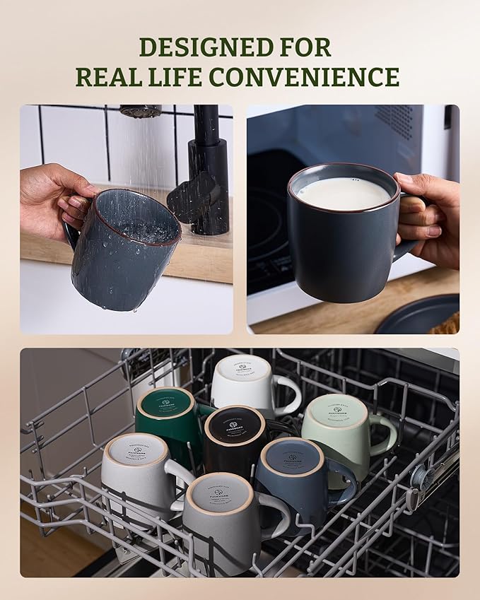 famiware Mercury Coffee Mugs 13 oz, Coffee Mugs Set of 6 with Handle, Cups for Latte, Hot Tea, Cappuccino, Mocha, Cocoa, Charcoal