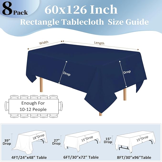 8 Pack Navy Blue Table Cloth 60x126 Inch Rectangle Tablecloths for 8 Foot Rectangle Tables, Wrinkle Resistant Washable Polyester Fabric Rectangular Table Cover for Dining Banquet Wedding Party