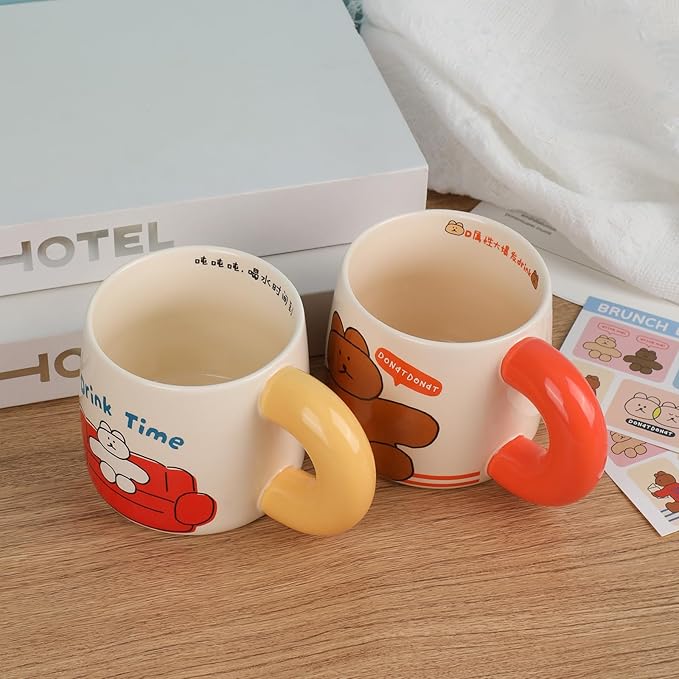 Ceramic Coffee Mugs Set of 2 16 oz (460 ml) Coffee Cups with Handle & Cartoon Stickers- Large & Heartwarming Novelty Big Mug for Women, Men, Great for Hot Coffee or Tea
