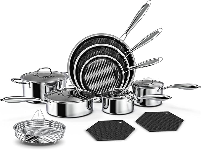 Nonstick Pots and Pans Set, 14 Piece Hybrid Hex Non Stick Stainless Steel Cookware with Frying Pans, Saute Pan, Saucepans & Stock Pot - Induction Compatible, Dishwasher &Oven Safe, PFOA Free