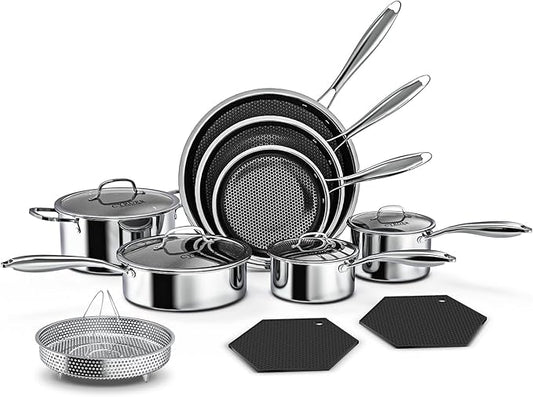 Nonstick Pots and Pans Set, 14 Piece Hybrid Hex Non Stick Stainless Steel Cookware with Frying Pans, Saute Pan, Saucepans & Stock Pot - Induction Compatible, Dishwasher &Oven Safe, PFOA Free