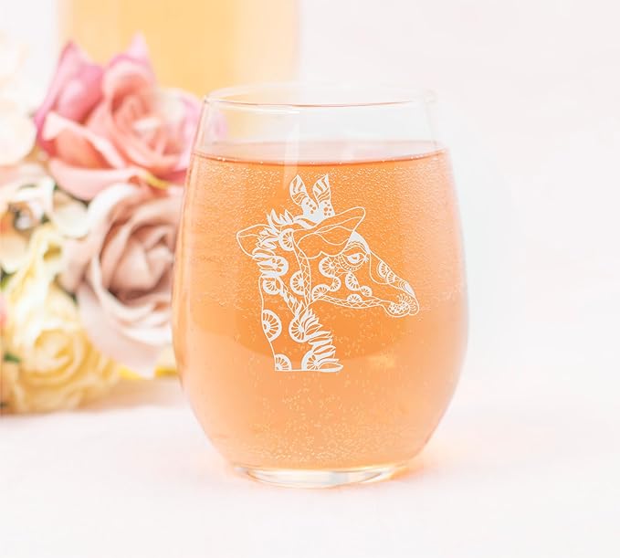 C M Giraffe Stemless Wine Glass, 17 oz - Giraffe Themed Gift for Men and Women
