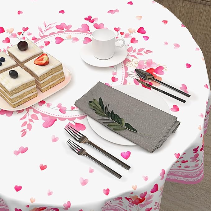 Valentine Round Tablecloth 70 Inch Pink Love Heart Floral Plants Circle Table Cloth Seasonal Holiday Valentine's Day Table Cover for Party Kitchen Dinner Home Decor
