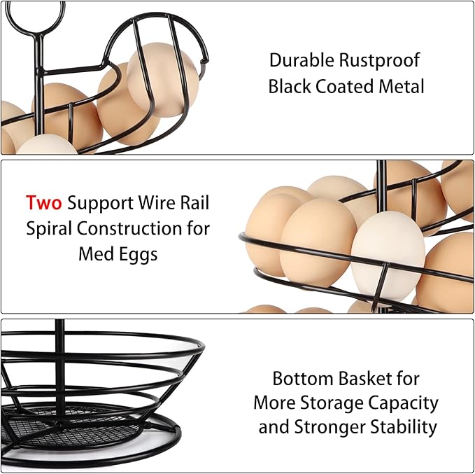 QUTREY Black Metal Egg Holder Countertop, Fresh Egg Skelter, Spiral Design Egg Dispenser Rack with Storage Basket for Kitchen