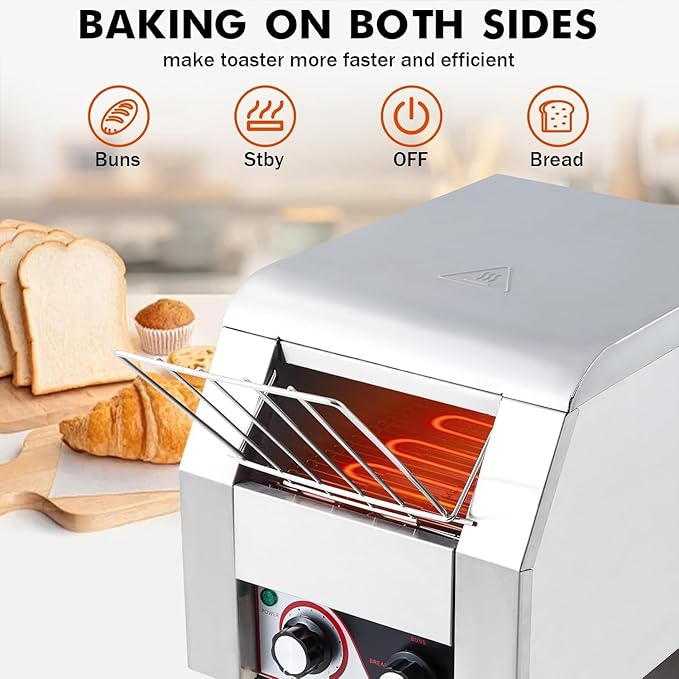 Commercial Conveyor Toaster, 150 Slices/Hour Stainless Steel Toaster Oven with Dual Heating & 7-Speed Belt for Bagels/Buns/Bread in Cafes/Buffets