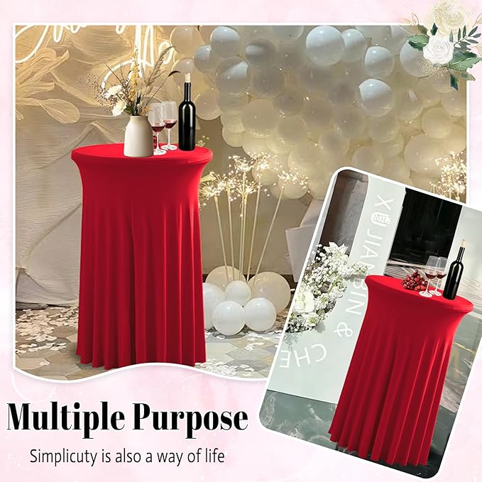 Qubjus 2 Pack Round Cocktail Table Covers with Skirt Stretch Spandex Tablecloth 24"x43" Cocktail Round Tablecloth for Party Wedding Birthday Banquet, Red