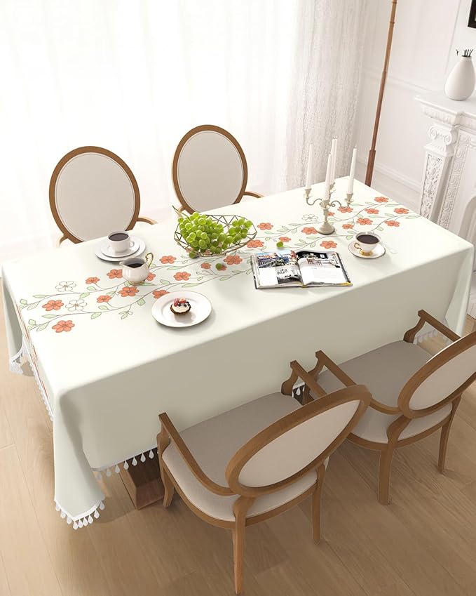 Farmhouse Rectangle Tablecloth 55''x 90'' with Tassels, Red Floral Linen Table Cloths Wrinkle Free, Waterproof Heavy Duty Table Cover for Kitchen Dining Party