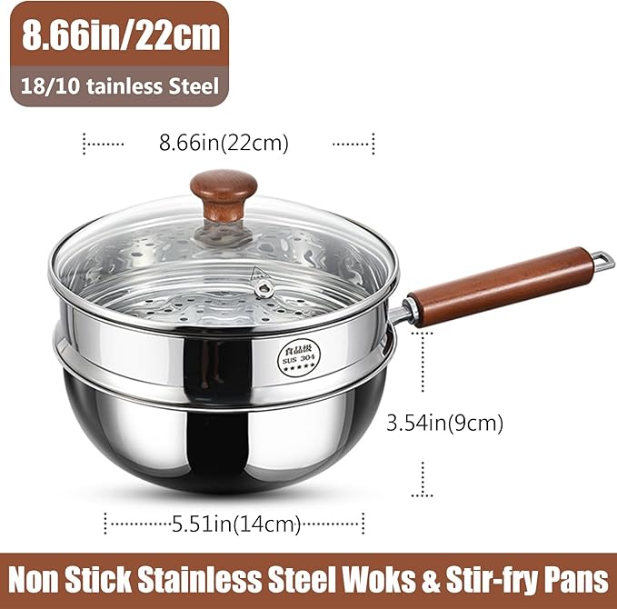 5-Ply Stainless Steel Wok Pan with Lid, Wide & Deep Cookware Stir-Fry Pans, Non-Stick Wok, Scratch-Resistant Pans for Cooking,Compatible with All Cooktops,with Steamer,8.66IN
