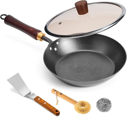 WANGYUANJI 10.2" Iron Skillet with Glass Lid & Spatula, Flat-Bottom Hand-Hammered Frying Pan, Uncoated & Unseasoned Small Iron Wok for Induction, Gas & Electric Stoves