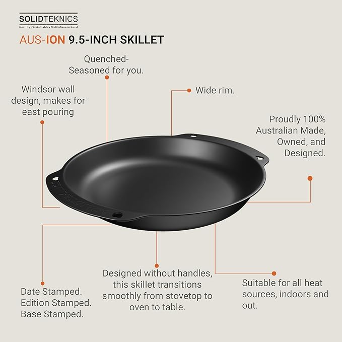 SOLIDTEKNICS AUS-ION Lightning Oven to Table Skillet with Lil Flippa & Pan Scraper, Naturally Seasoned Iron Pan for Everyday Cooking - 9.5 Inch Lightweight Cast Iron Alternative, Non-Toxic Cookware