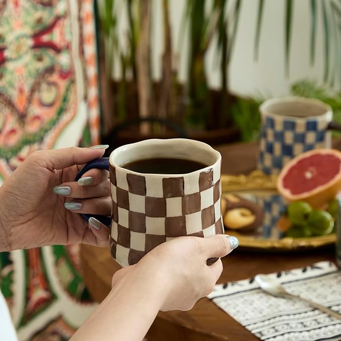 Retro Checkered Ceramic Coffee Mug 16Oz - Extra Large Handle, Microwave Safe Vintage Patterned Tea Cup for Home, Office Brown and White Checkered Pattern, Blue Handle