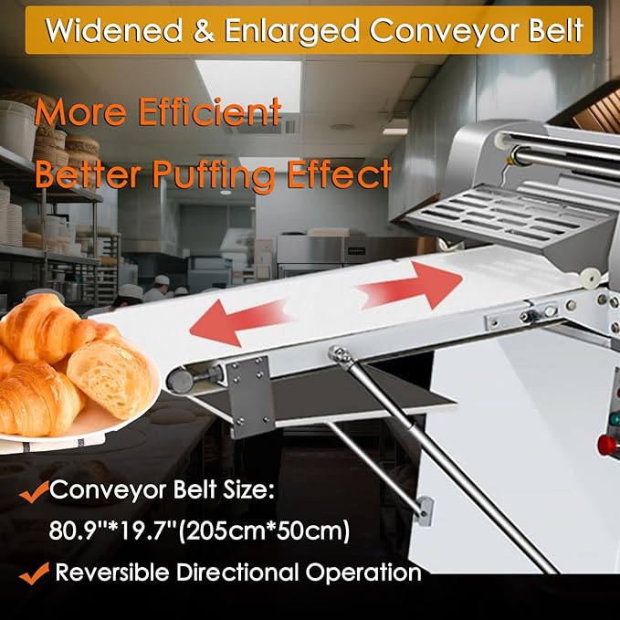 INTBUYING Electric Dough Sheeter Machine 20x80.9'' Belt Reversible Puff Pastry Roller Sheeter Croissant Bread Dough Flatten Presser Stainless Steel Danish Maker Folding Sheeter for Bakery 220V/60HZ