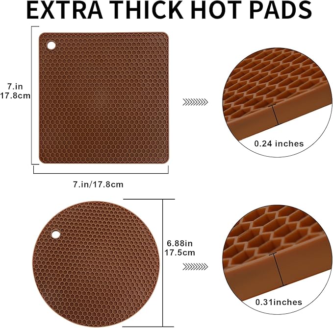 4 Pack Silicone Trivet Mats, Heat Resistant Hot Pot Holders and Pads for Kitchen Countertop, Non-Slip Brown Trivets for Pots and Pans, Hot Plate Coffee Mat
