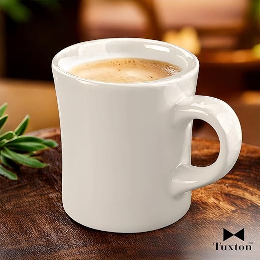 Tuxton China BEM-090B Diner Mug, 9 oz., 3-3/8" Diameter x 3-3/4"H, Microwave and Dishwasher Safe, Oven Proof, Fully Vitrified, Ceramic, DuraTux, American White/Eggshell, Pack of 24