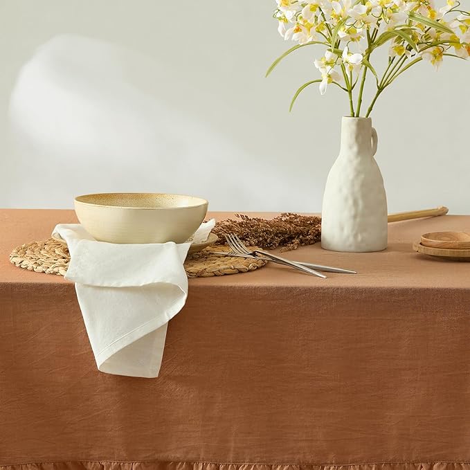 MONDAY MOOSE Ruffle Farmhouse Rustic Rectangle Natural Stonewashed Cotton Tablecloth for Kitchen, Dining Room, Restaurant (60x86 inch, Cinnamon)