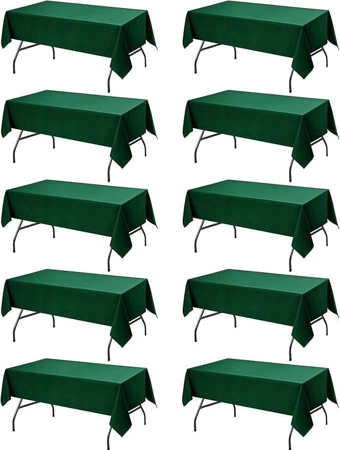 10-Pack Hunter Green Tablecloths for Rectangle Tables, 60 x 102 Inches, Stain-Resistant Polyester Fabric for 6 Foot Tables - Washable Table Covers for Weddings, Birthday Parties, Events