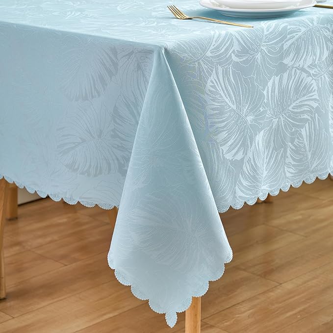 Rectangle Tablecloths Jacquard Table Cloth Leaves Pattern Silky Soft Waterproof Washable Light Blue Oblong Table Cover for Kitchen Dining Birthday Party Banquet Decor (60x84 Inch)