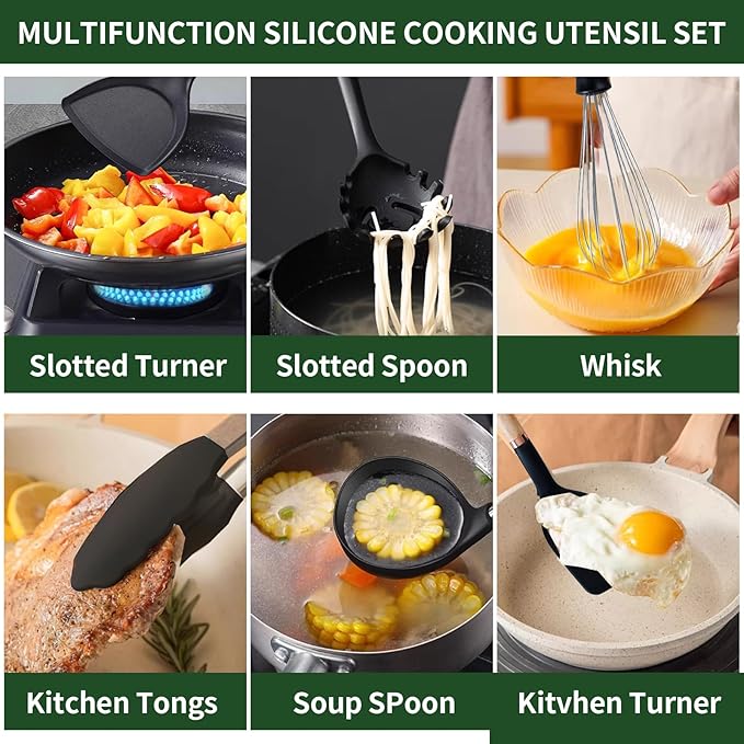 Silicone Cooking Utensils Set, Kitchen Utensils Set 13 Pcs for cooking, BPA Free Spatula Set with Heat Resistant Wood Handles for Nonstick Cookware (Black)