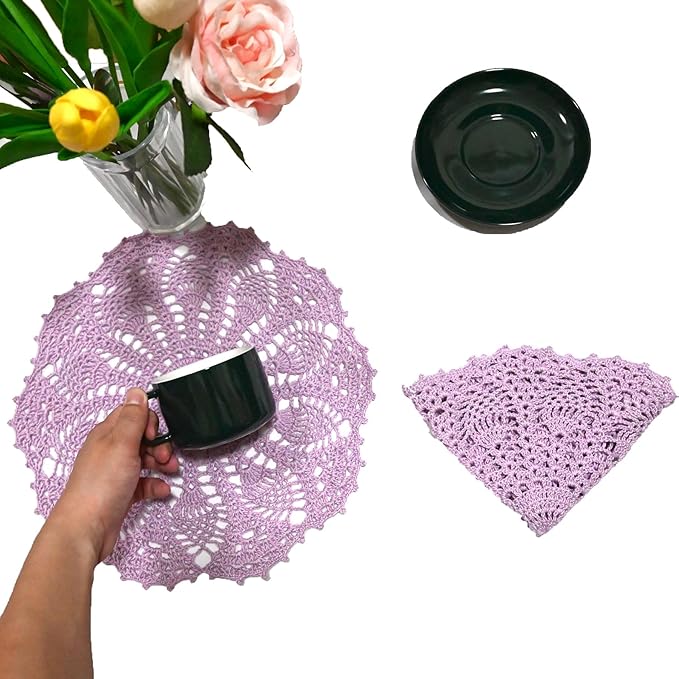 BIBITIME Lace Doilies Crochet Handmade Lace Coasters Round Placemat Rustic Table Doilies Decors for Kitchen Dining Room Party Dressers (11 inches to 12 inches,Pack of 2 PCS, Light Purple)