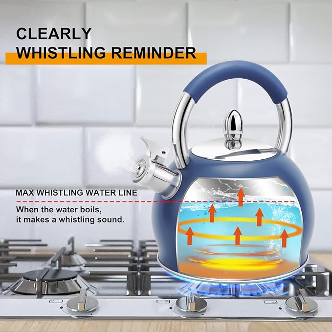 Whistling Tea Kettle for Stove Top Stainless Steel Tea Pot with Ergonomic Silicone Handle Teapot for Stovetop 3.2 Quart / 3 Liter Blue