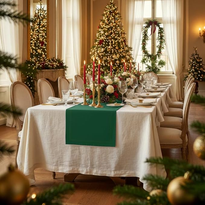 D'Moksha Homes Linen Forest Green Table Runner 120 Inches Long - 100% Pure Linen Dining Table Runner 14 x 120 Inch for St Patricks Day, Easter - Machine Washable