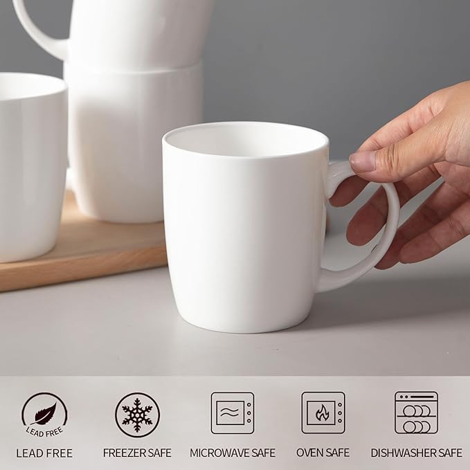 Small Bone China Mug Set (10 oz, Set of 4) – White Luxury Fine Porcelain Mugs for Tea, Coffee, Latte Art, Barista Use, Elegant Gifting