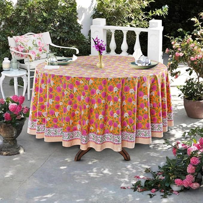 Ridhi Block Print Round Bubblegum Pink Reusable Tablecloth 100% Cotton 60" Inch Decorative Table Cover eveyday Dining, Home, Party, Wedding, Farmhouse Gift for Spring, Easter, Valentine