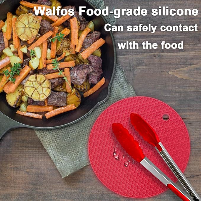 Walfos Silicone Trivet Mats - 4 Heat Resistant Pot Holders, Multipurpose Non-Slip Hot Pads for Kitchen Potholders, Hot Dishers, Jar Opener, Spoon Holder, Food Grade and BPA Free (Red)