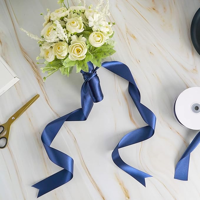 MEEDEE Navy Satin Ribbon 1-1/2 Inch Navy Blue Ribbon Lux Double Faced Satin Ribbons by 50 Yards Navy Blue Polyester Ribbons for Crafts, Weddings, Flower Bouquet, Holiday Decorating
