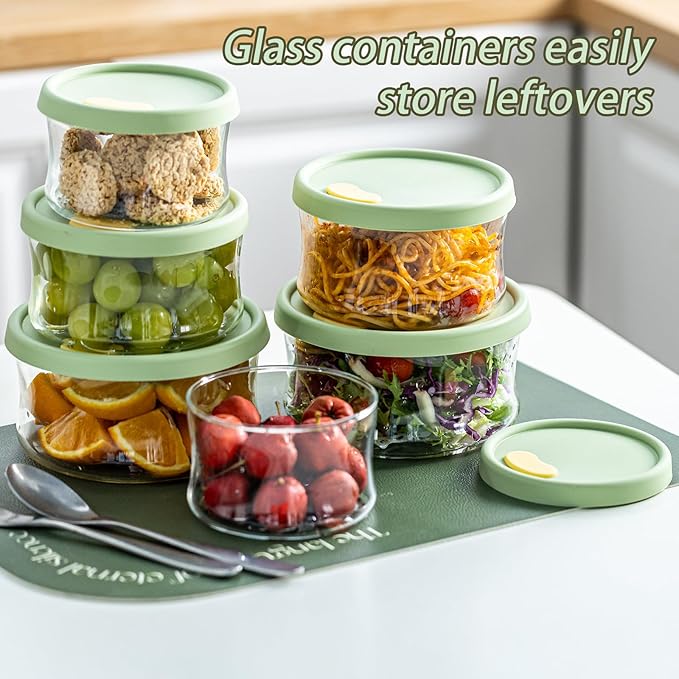 Glass Food Storage Containers with Lids, Leak-Proof BPA Free Round Glass Containers with Lids for Storage soups and leftovers - Microwave, Dishwasher, Freezer Safe (Green 3PCS)