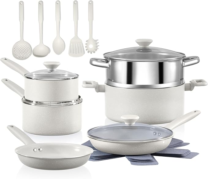 Granitestone 20 Pc Pots and Pans Set Non Stick Cookware Set with Steamer, Cooking Utensils and Pad Protectors, Stay Cool Handles, Oven and Dishwasher Safe