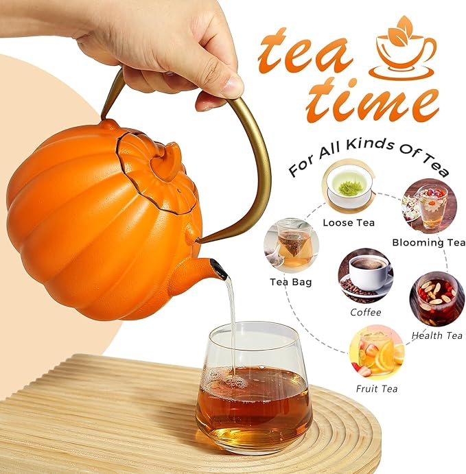 Orange Pumpkin Cast Iron Teapot with Infuser - 40oz Japanese Iron Tea Kettle with Enamel Interior, Cute Halloween Teapot for Loose Tea & Coffee, Stainless Steel Filter, Stove Safe (Orange)