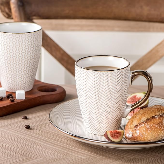 Ceramic Coffee Mug Set - 16 Oz Large Coffee Mugs - Embossed Stoneware Cups with Handle for Latte Tea Cappuccino Cocoa - Microwave Dishwasher Safe - Set of 4 - flower Pattern