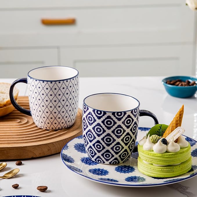 Ceramic Coffee Mugs Set - 10 OZ Large Porcelain Tea Cups with Handle for Cappuccino Latte Cocoa Milk Tea - Christmas Housewarming Gift - Microwave Dishwasher Safe - Set of 6 - Vintage Blue