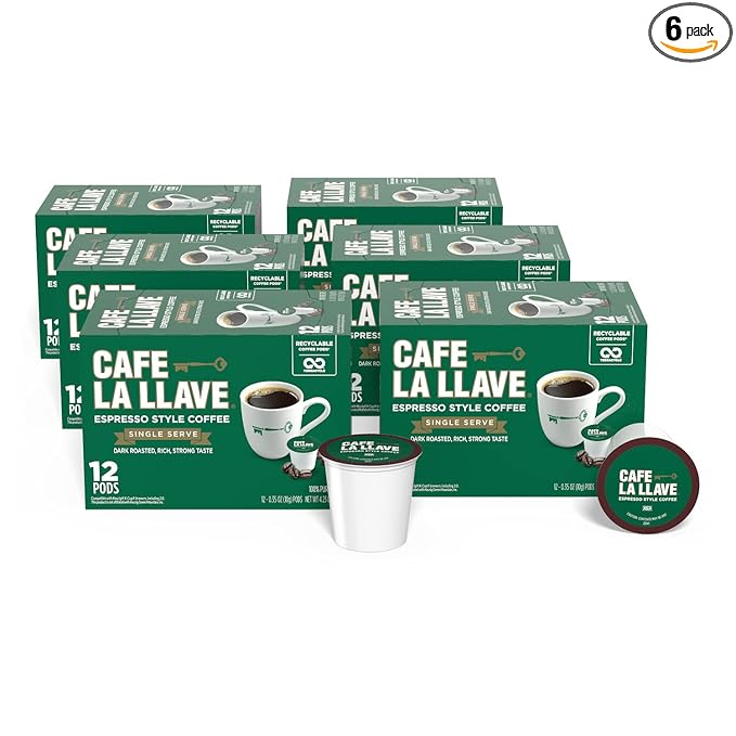 Cafe La Llave 72 Count Dark Roast Coffee Pods, Espresso Style, Compatible with Keurig Brewers, Single Serve Rich Bold Flavor