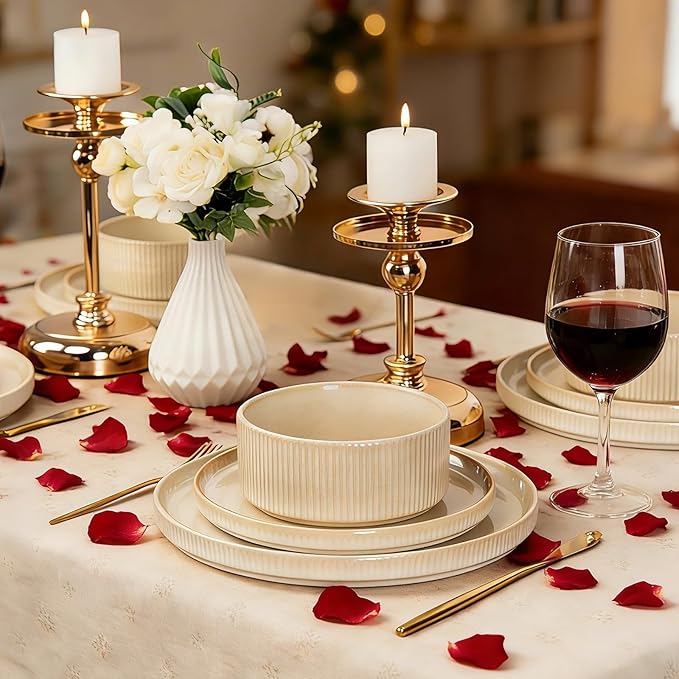 Stoneware Dinnerware Sets, Plates and Bowls Sets for 4, 12-Piece Ribbed Dishes – Chip & Scratch Resistant, Microwave and Dishwasher Safe Tableware, Beige