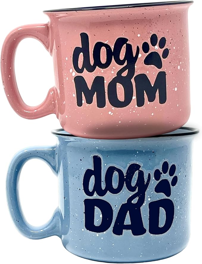 Dog Mom and Dog Dad - Cute Funny 15 oz Coffee Mug Gift Set for Dog Lovers, Dog Parents - Fur Mama - Unique Fun Gifts for Pet Lovers - Large Sturdy Ceramic Travel Coffee Cups & Mugs with Quotes