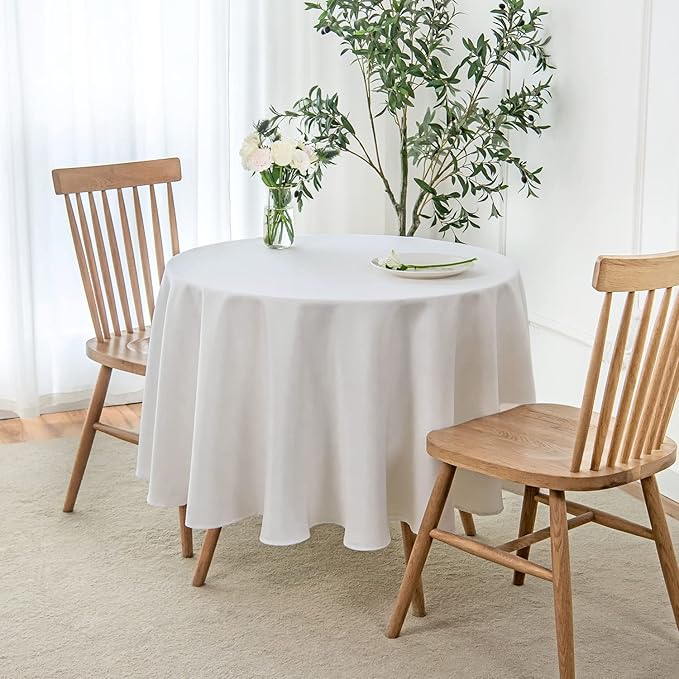 maxmill Round Linen Looking Textured Tablecloth Spill-Proof Wrinkle Free Soft Jacquard Table Cloth for Circular Table Cover, for Dining Room Buffet Banquet Parties Holiday Dinner, 70 Inch White