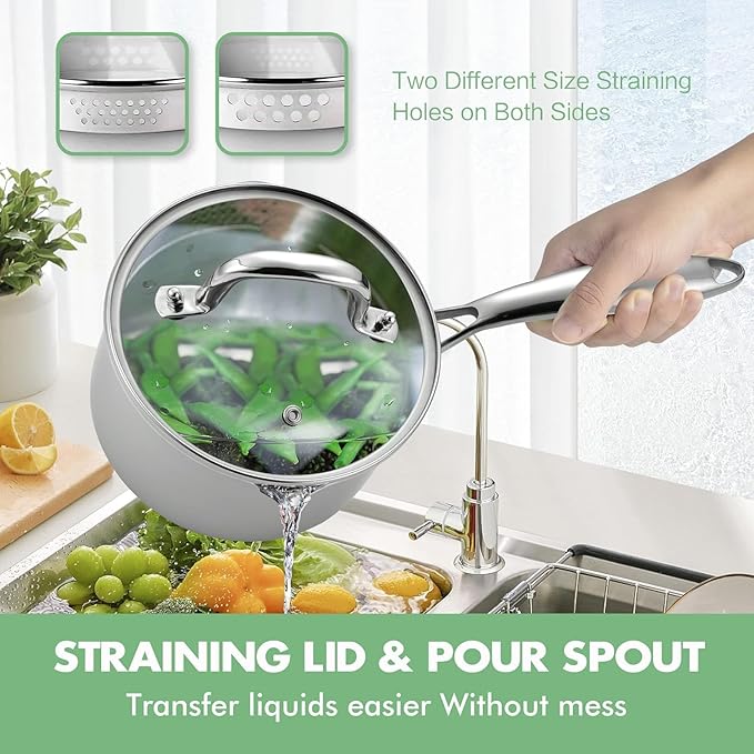 Tri-Ply Stainless Steel Sauce Pan with Steamer Basket & Strainer Glass Lid–Multi-Function Pot 3.5 QT- Modern Sleek Design–Safe,Chemical-Free& Stylish Cookware–Upgrade Your Kitchen with Healthy Cooking