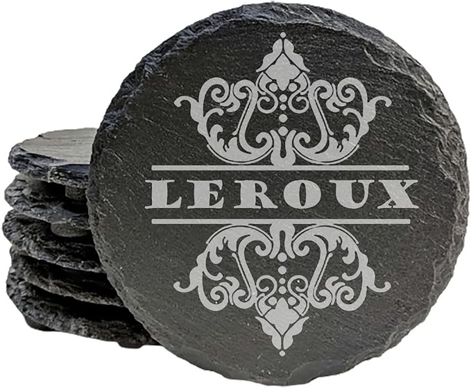 Rustic Refinement: Personalized Slate Coasters with Custom Text Design - Round Slate - Set of 5